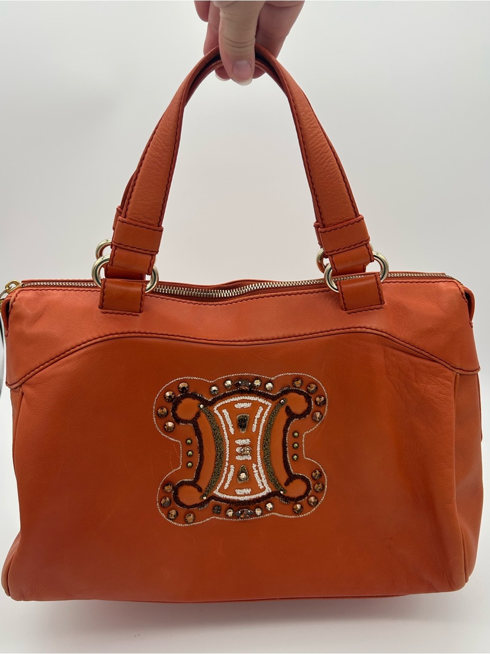 Celine - Orange Leather Studded Satchel / Y2K Purse / Bag - Picture 2 of 16